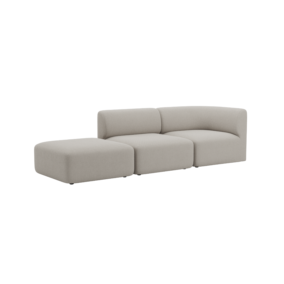 Light beige Fjord two seat sofa with an open end chaise and soft rounded cushions by sackit for calm Scandinavian interiors