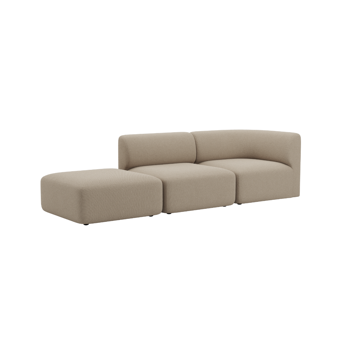 Beige sackit Fjord two seater sofa with rounded cushions and an open end chaise in a calm Scandinavian design on a black background