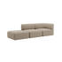 Beige sackit Fjord two seater sofa with rounded cushions and an open end chaise in a calm Scandinavian design on a black background