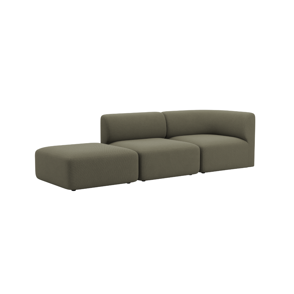 sackit Fjord two seater sofa with open end in muted olive upholstery and soft rounded lines for comfortable Scandinavian indoor living