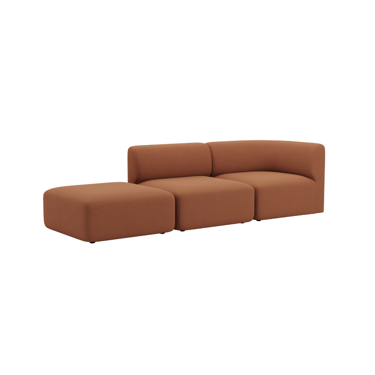 Brown two seater sofa with an open end and soft rounded cushions in a warm fabric finish by sackit for a calm Scandinavian living room interior