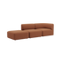 Brown two seater sofa with an open end and soft rounded cushions in a warm fabric finish by sackit for a calm Scandinavian living room interior