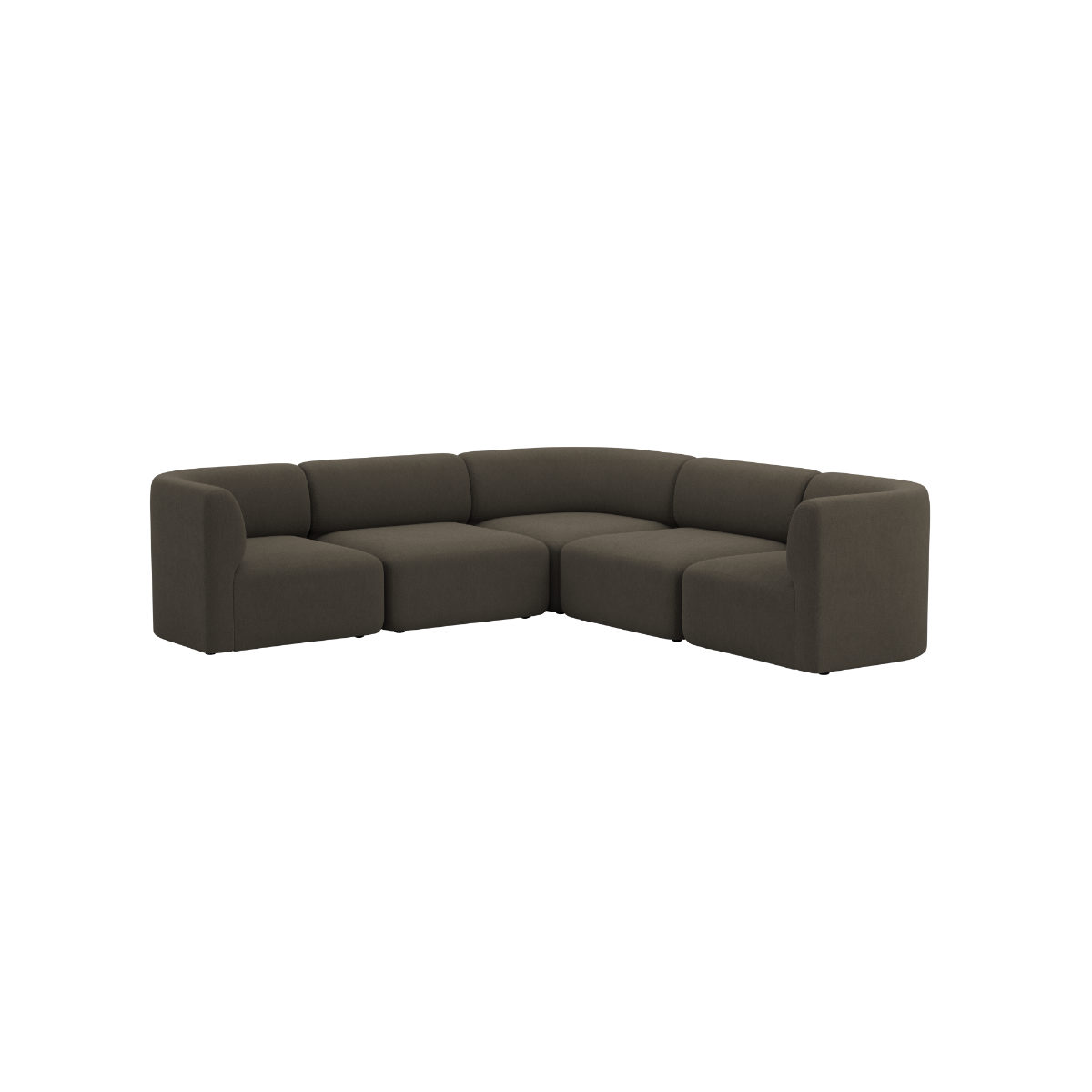 sackit Fjord corner sofa in dark brown upholstery with rounded arms and deep cushions shown against a black background