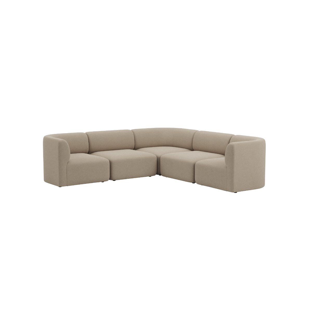 Beige curved corner sofa with rounded cushions and softly sculpted arms in a calm Scandinavian style by sackit