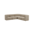 Beige curved corner sofa with rounded cushions and softly sculpted arms in a calm Scandinavian style by sackit