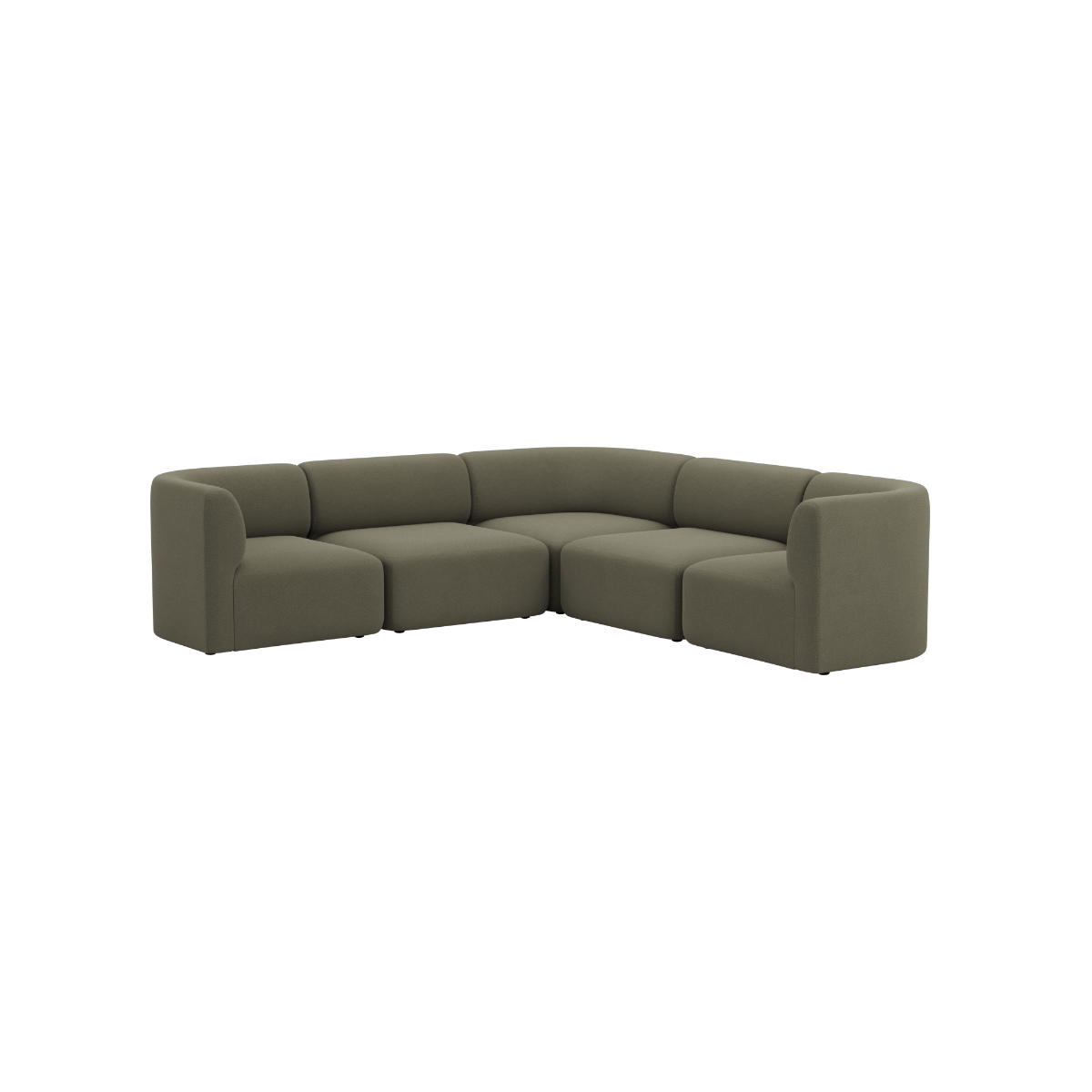 Olive green curved corner sofa with plush cushions and rounded armrests from sackit on a black background