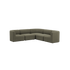 Olive green curved corner sofa with plush cushions and rounded armrests from sackit on a black background