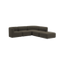 Curved dark brown Fjord corner sofa with an open end and deep cushioned seats on a black background from sackit Europe