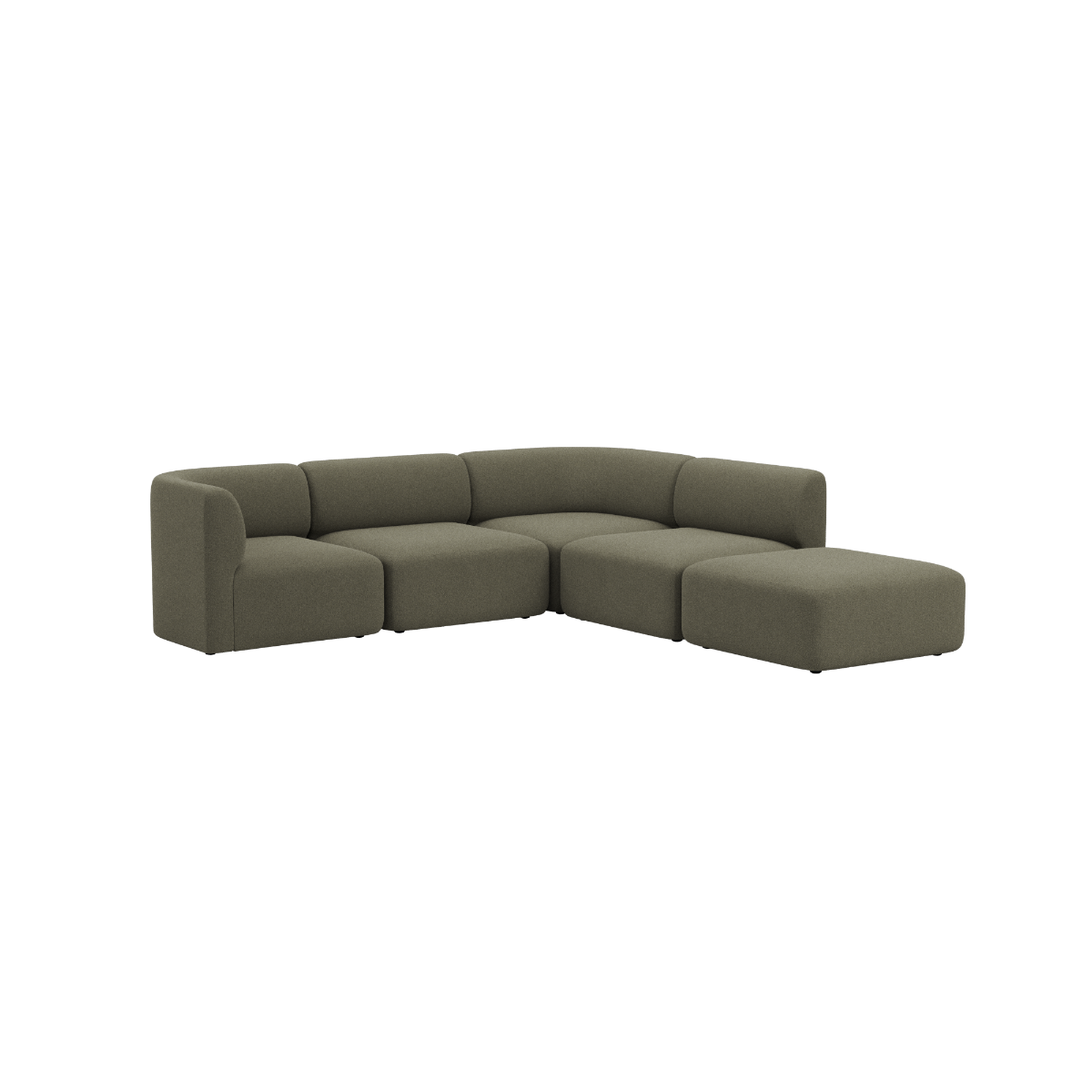 Olive green Fjord corner sofa with an open end and soft rounded cushions for flexible Scandinavian seating by sackit