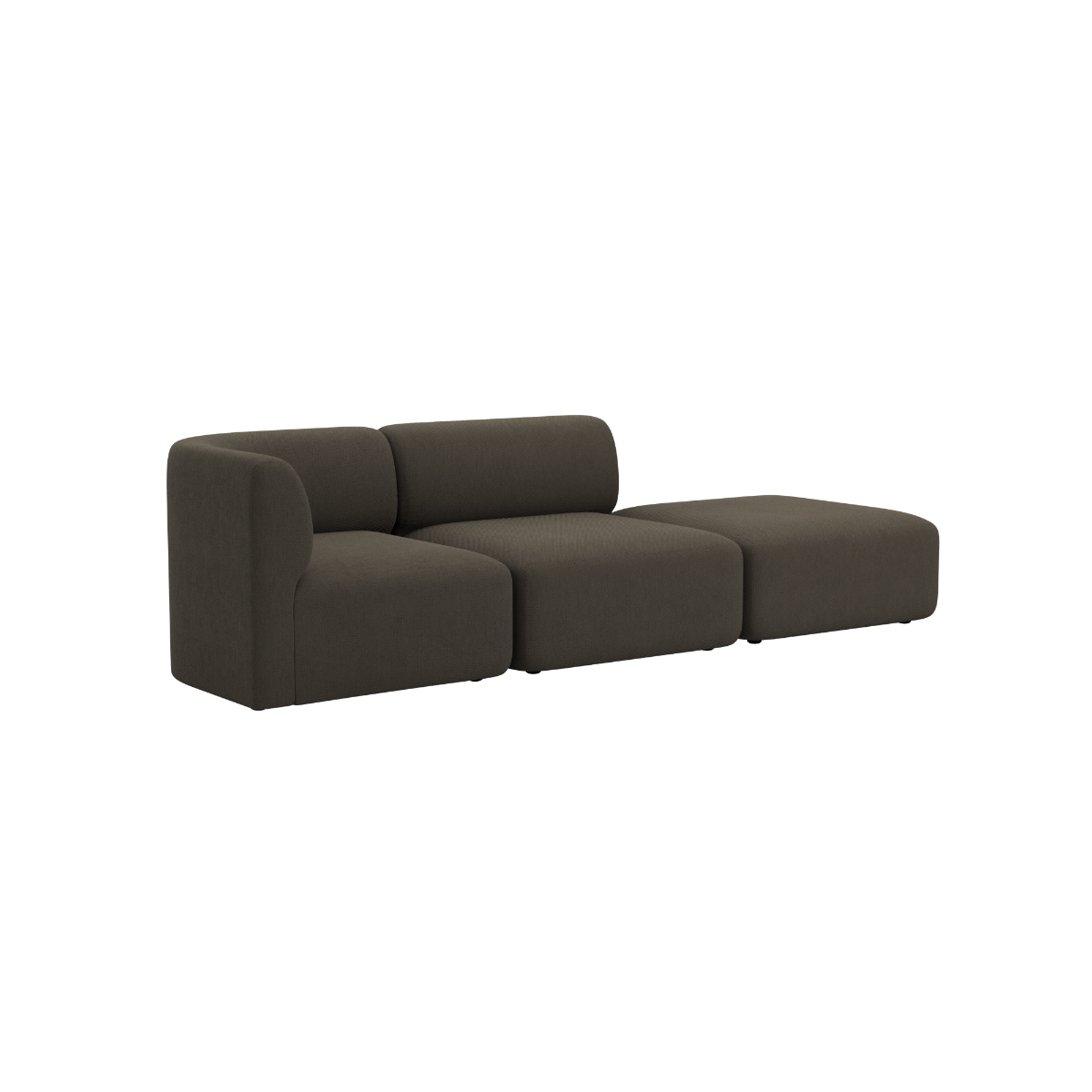 Dark brown Fjord two seater sofa with open end and rounded cushions in a soft Scandinavian design by sackit for indoor living spaces