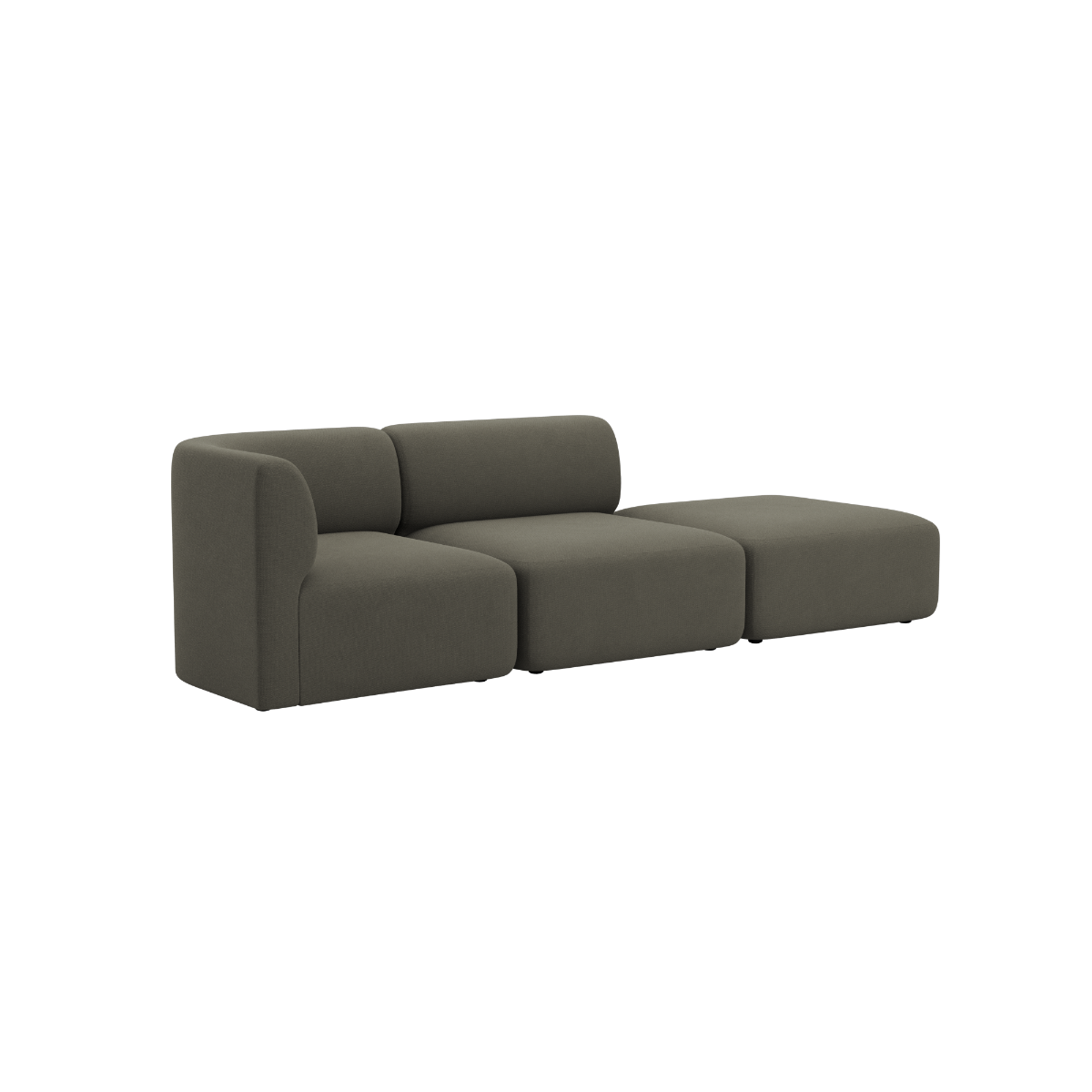 Olive green two seat sofa with an open end and rounded cushions from sackit designed for calm Scandinavian interiors