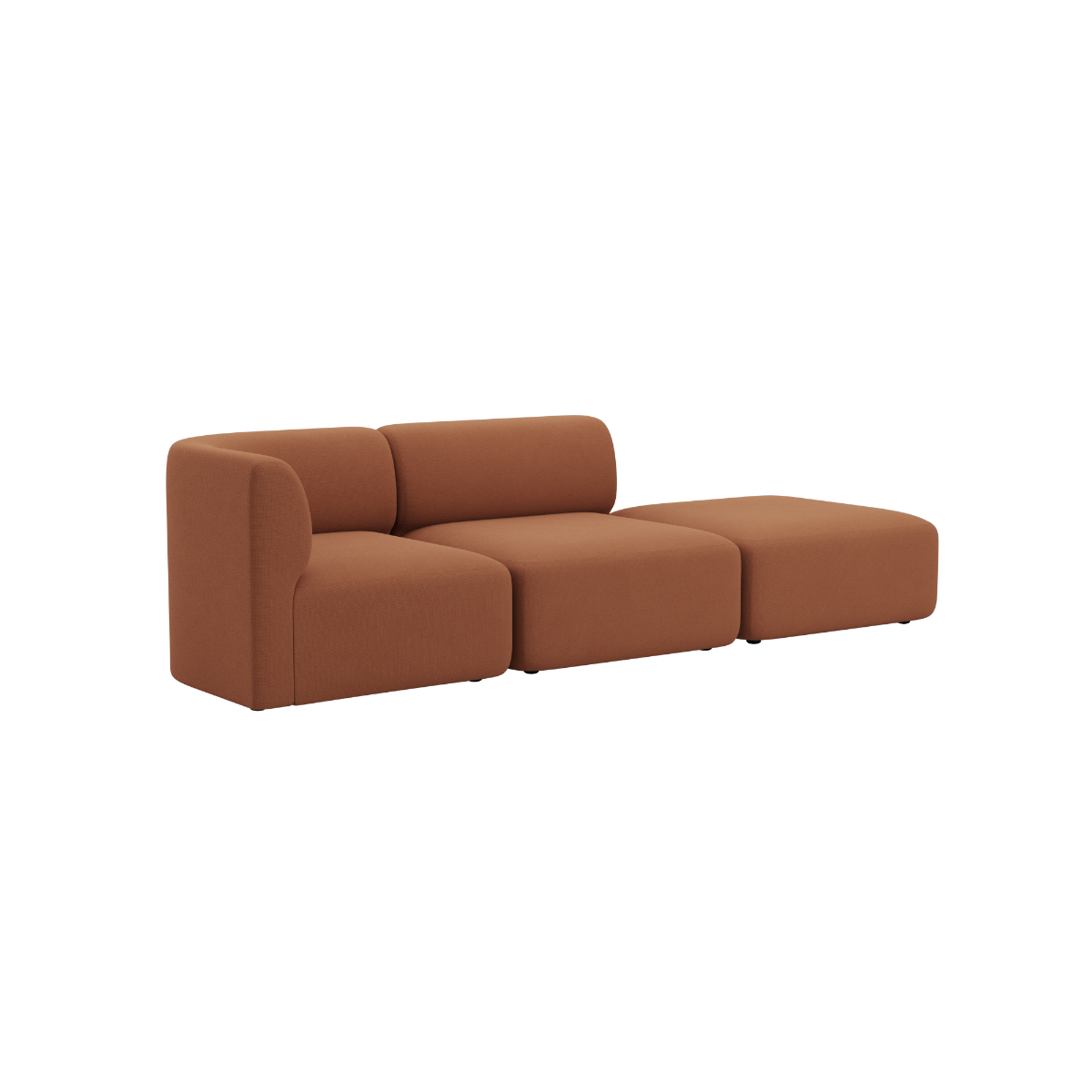 Brown two seat indoor sofa with soft rounded cushions and an open end in a calm Scandinavian design by sackit
