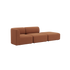 Brown two seat indoor sofa with soft rounded cushions and an open end in a calm Scandinavian design by sackit