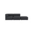 Dark grey sackit Fjord two seat sofa with open end and soft rounded cushions on a black background