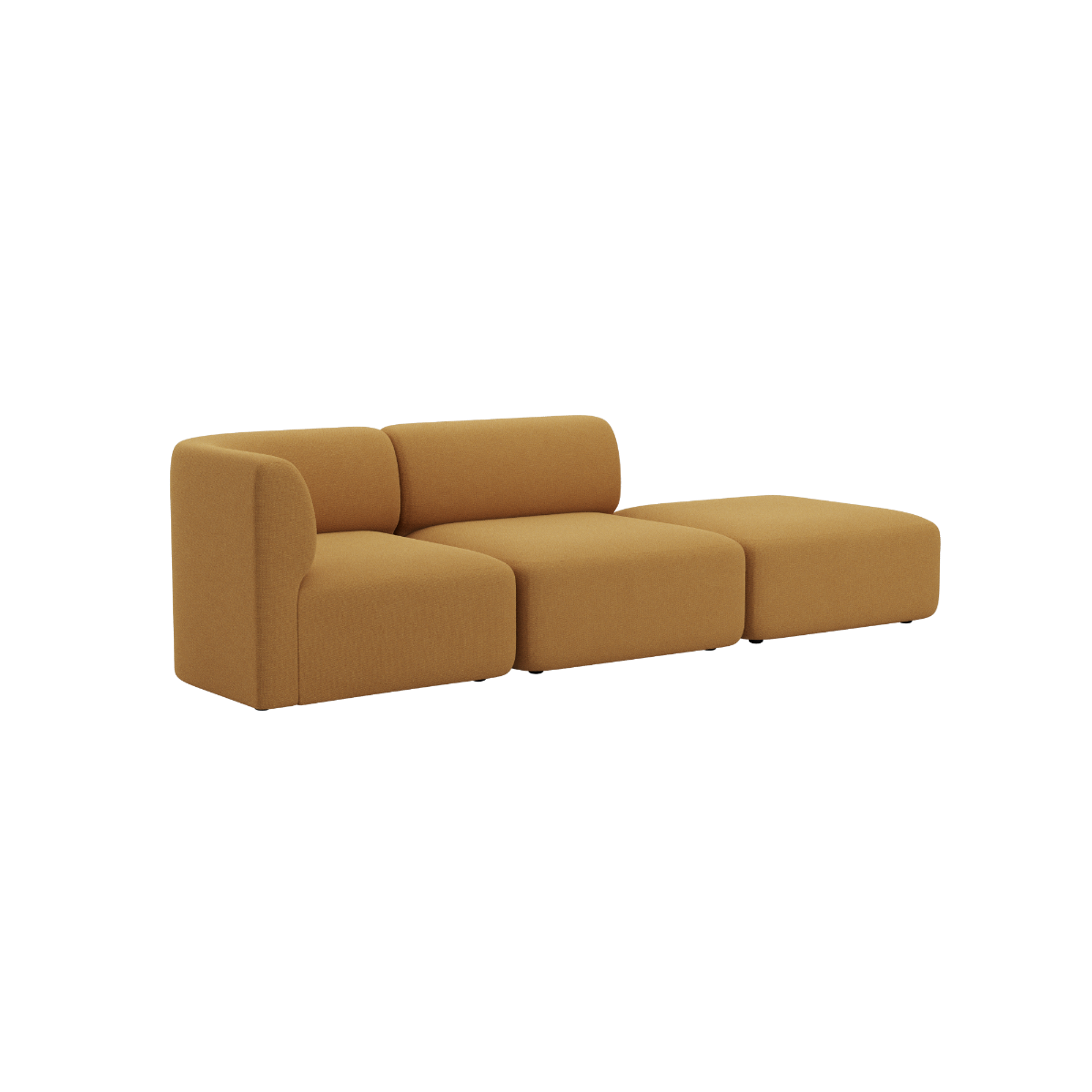 sackit Fjord two seater sofa in warm ochre upholstery with soft Scandinavian lines and an open end chaise for relaxed indoor seating