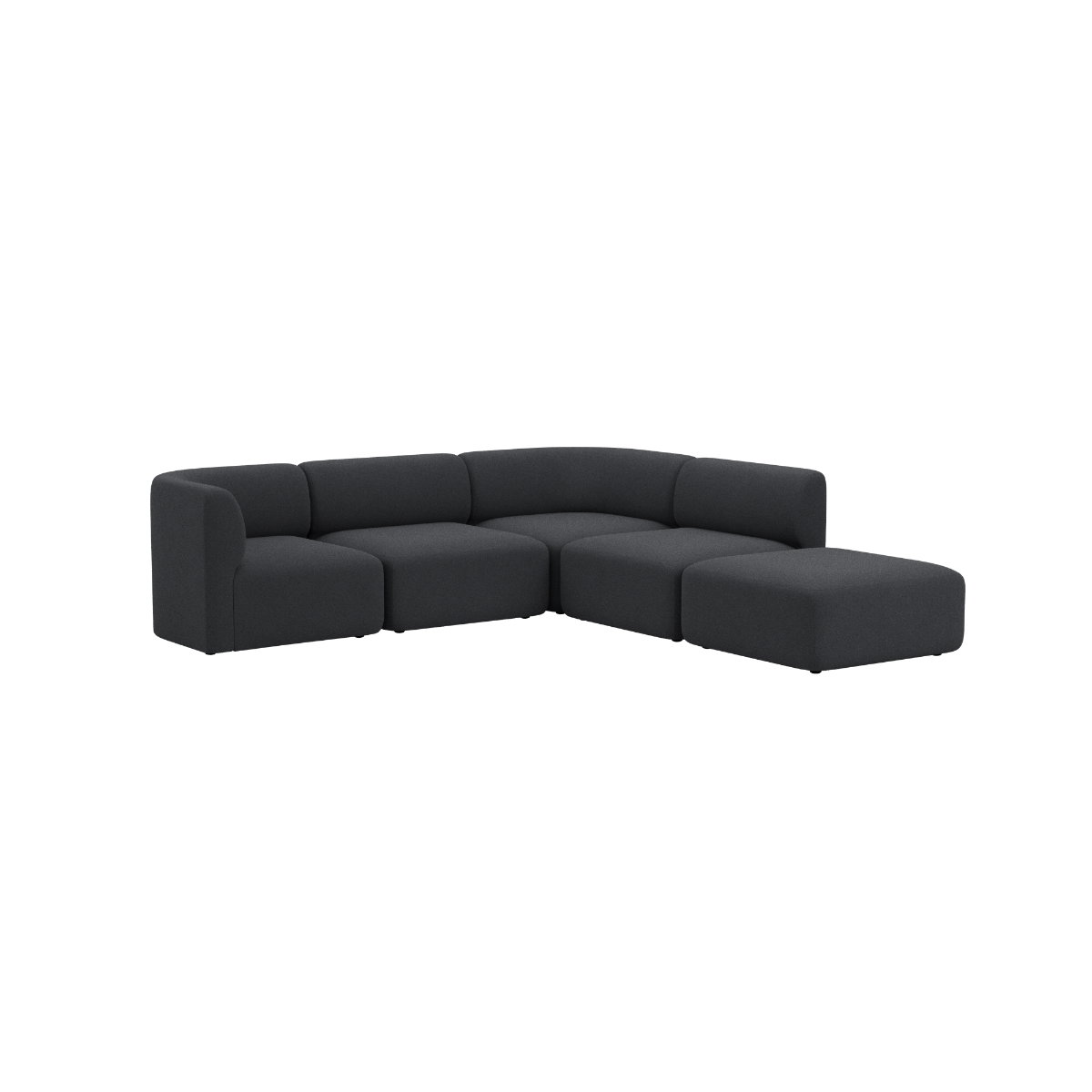 Dark gray curved corner sofa with an open end and soft rounded cushions shown on a black background