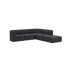 Dark gray curved corner sofa with an open end and soft rounded cushions shown on a black background