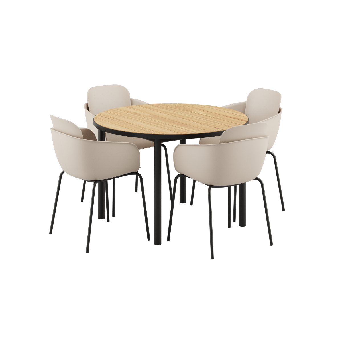 Kirra round black dining table with four taupe and black Patio Chair no. One S2 chairs outdoors