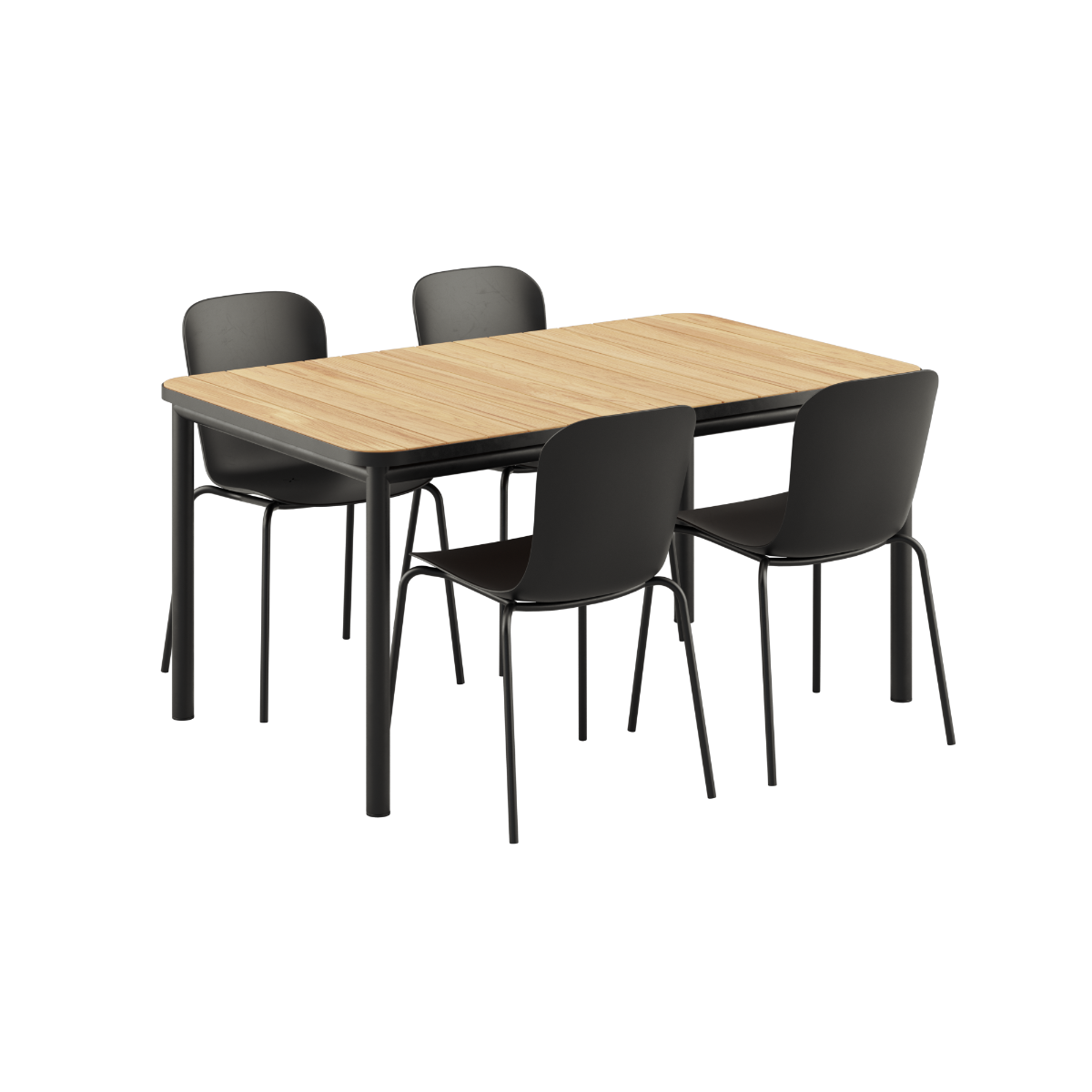 Kirra Dining Table 150x90 with four Noir Patio Chair no. One S1 chairs in matching Noir color.