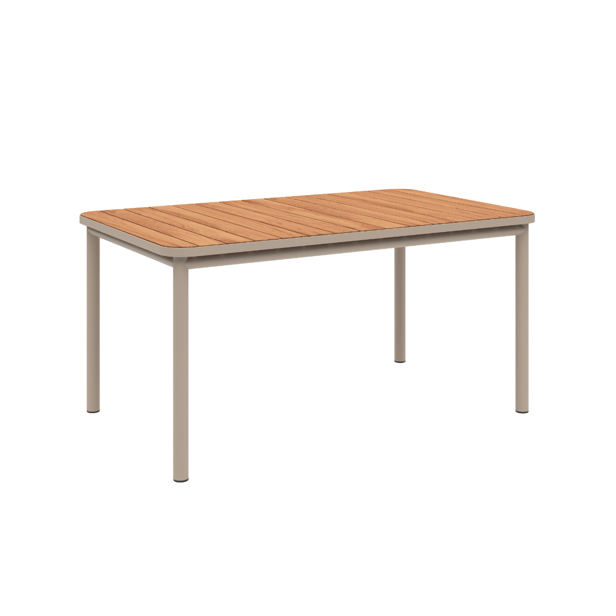 Kirra Dining Table 150x90 in taupe powder-coated aluminum with teak wood top, outdoor setting.