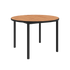 Round outdoor dining table with teak wood top and black powder-coated aluminum frame.