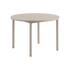 Round outdoor dining table with ceramic top and powder-coated aluminum base in taupe color
