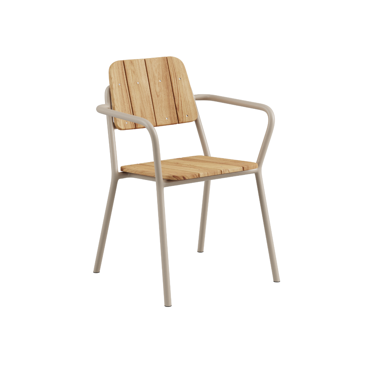 Taupe Kirra Patio Chair with teak wood and powder-coated aluminum frame on white background.