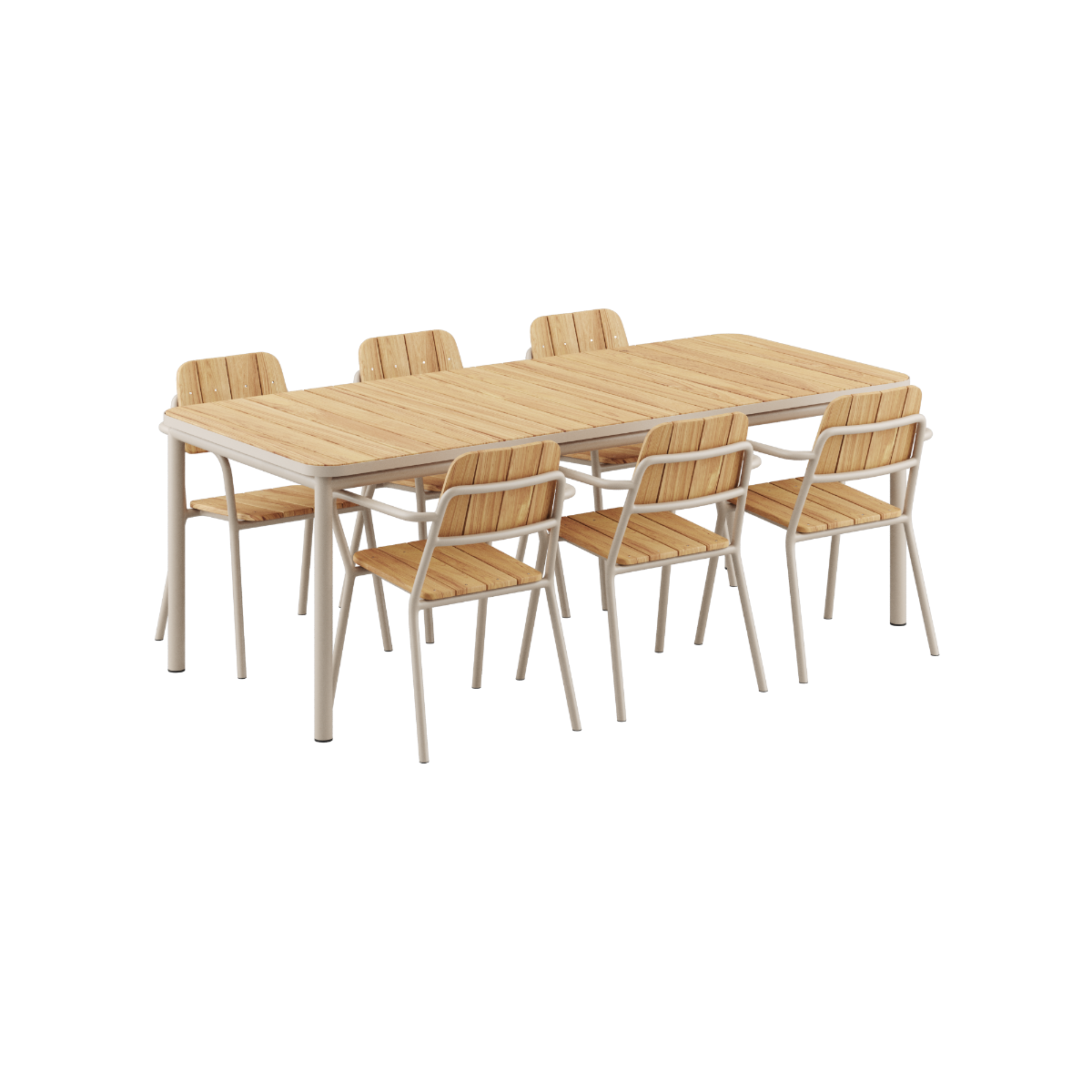 Taupe Kirra Dining Table 210x90 with 6 matching Kirra Patio Chairs in outdoor setting