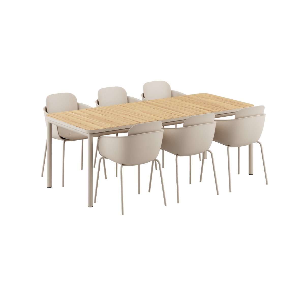 Kirra Dining Table in taupe with six Patio Chair no. One S2 chairs arranged outdoors