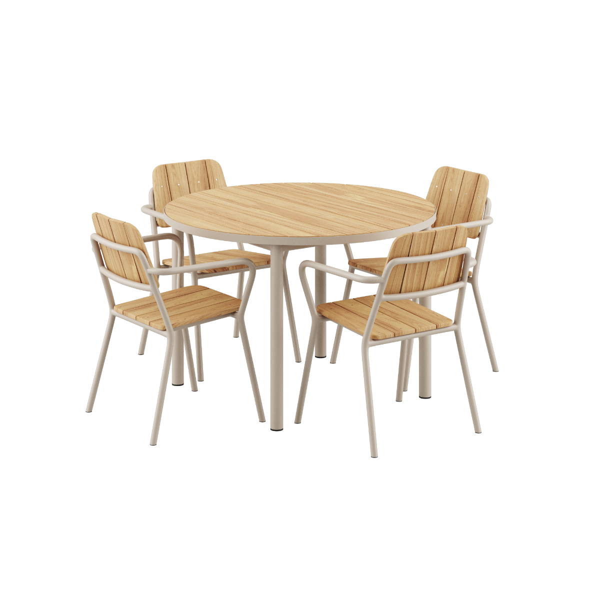 Kirra Dining Table Ø110 with four Taupe Kirra Patio Chairs in a simple outdoor setting