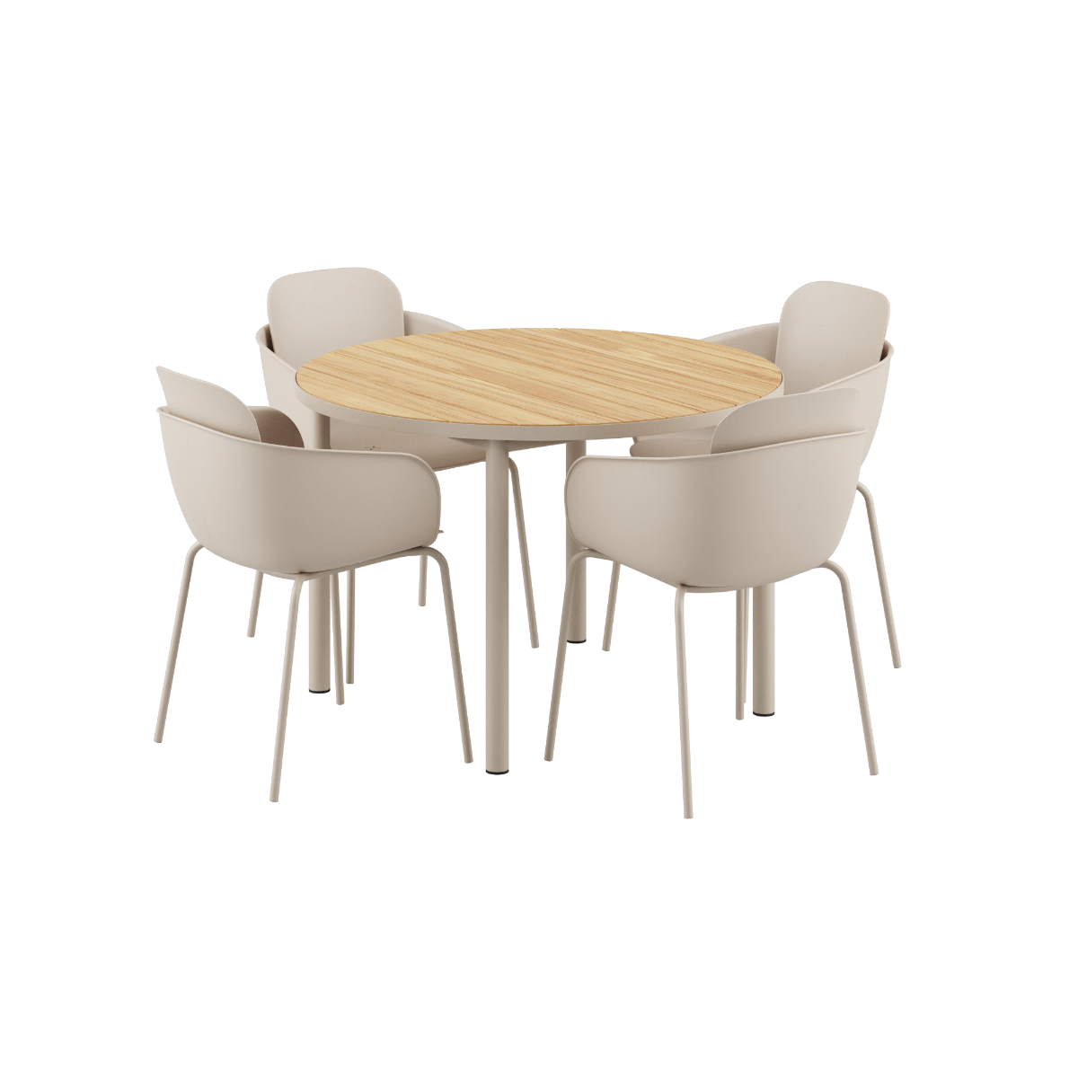 Kirra Dining Table Ø110 in taupe with four Patio Chair No. One S2 in matching taupe color outdoors