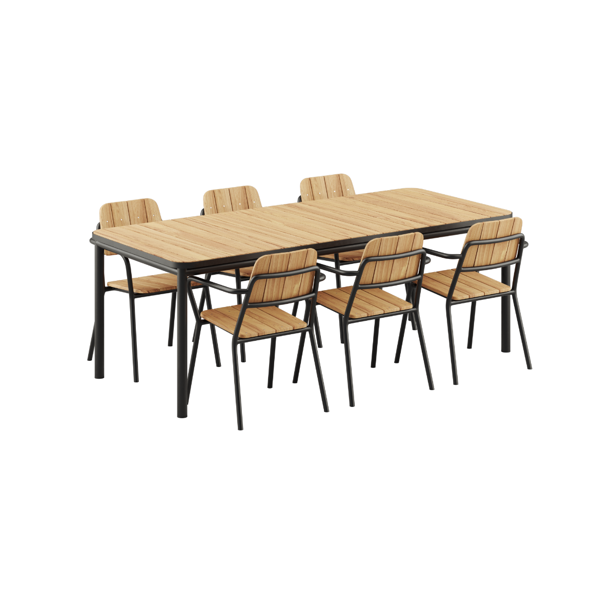 Kirra Dining Table 210x90 with 6 Noir Kirra Patio Chairs in powder-coated aluminum and teak wood outdoors