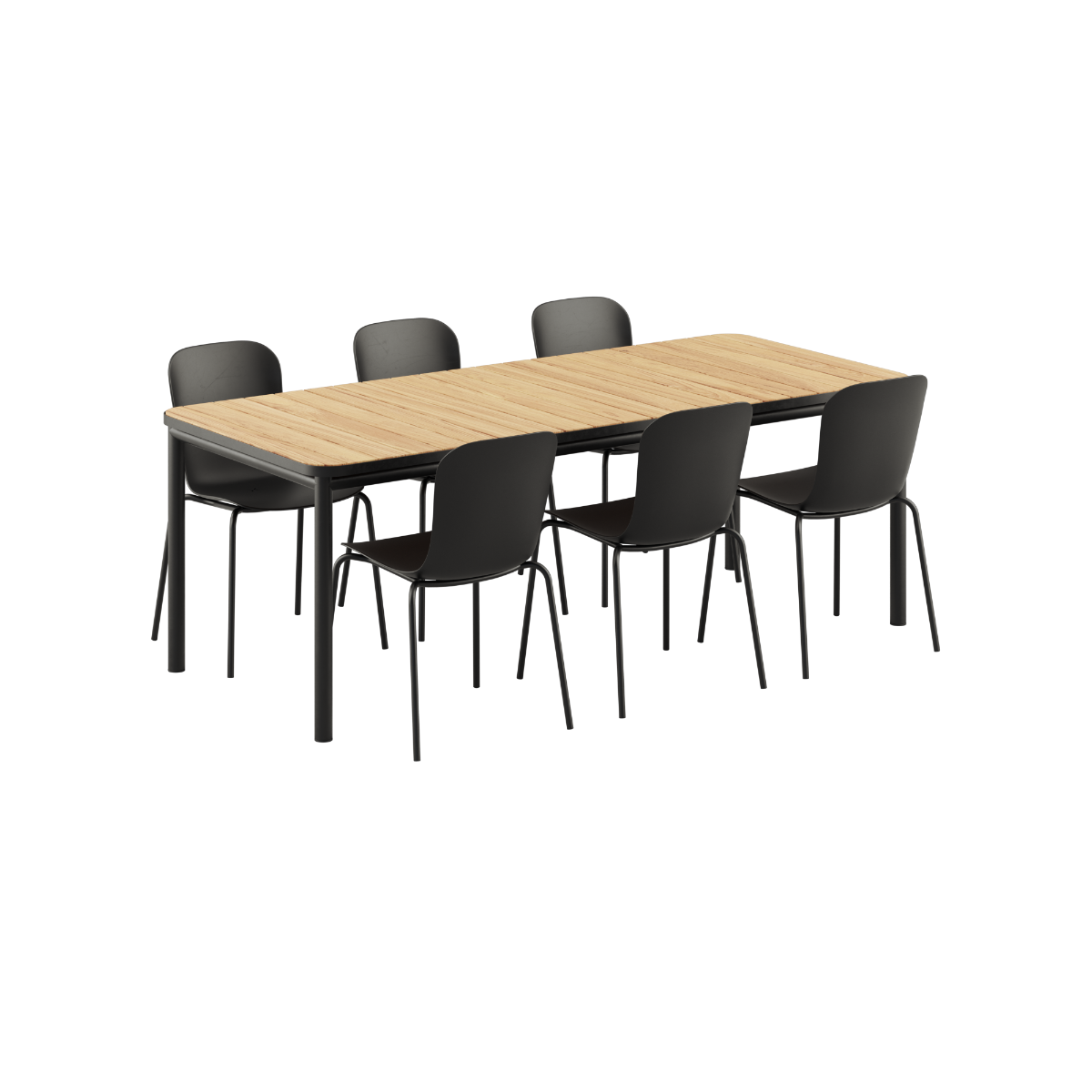 Kirra Dining Table with six black Patio Chair no. One S1 chairs in black, outdoor setting