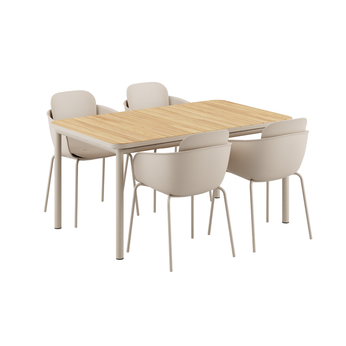 Taupe Kirra Dining Table 150x90 with four taupe Patio Chair no. One S2 chairs in outdoor setting