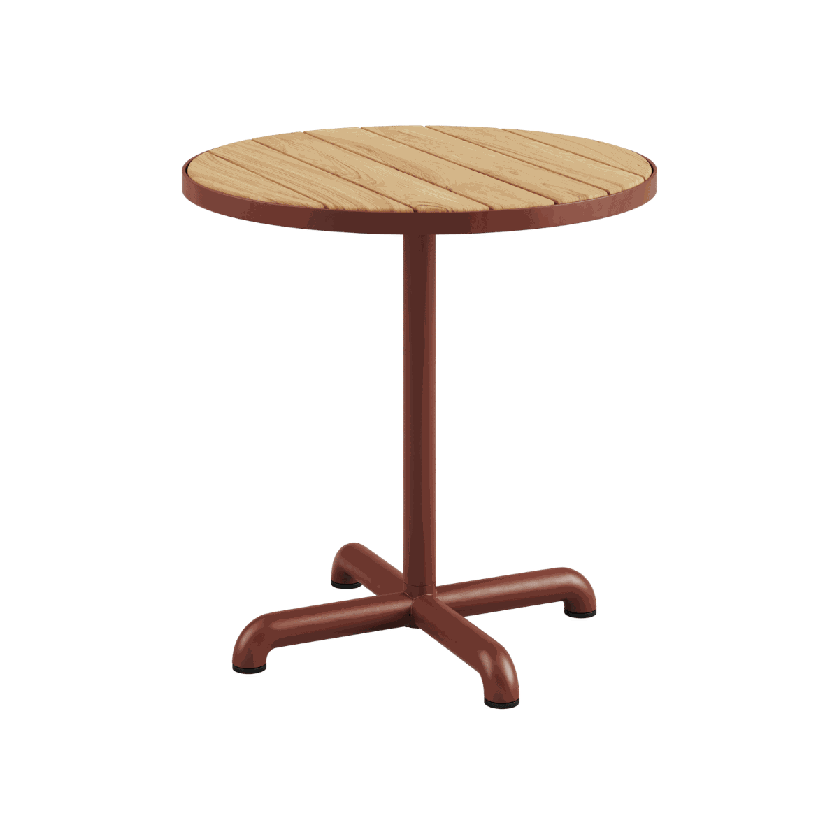 Round outdoor café table with teak wood top and powder-coated aluminum base in natural wood finish