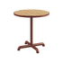 Round outdoor café table with teak wood top and powder-coated aluminum base in natural wood finish