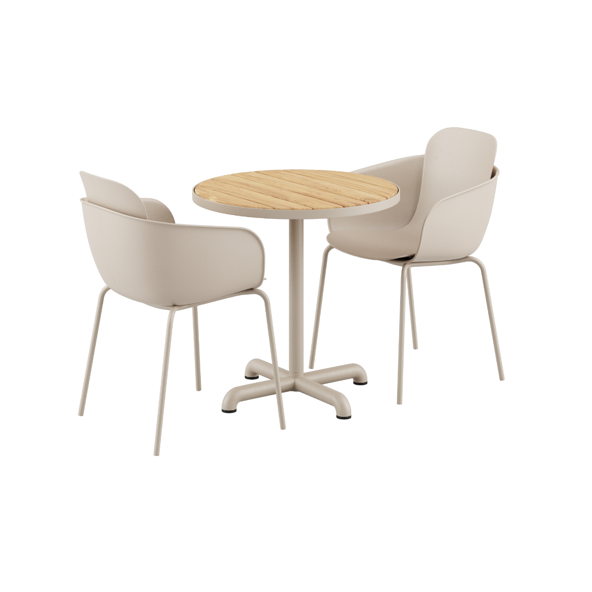 Kirra Café Table in taupe with two Patio Chair no. One S2 in matching taupe color set outdoors