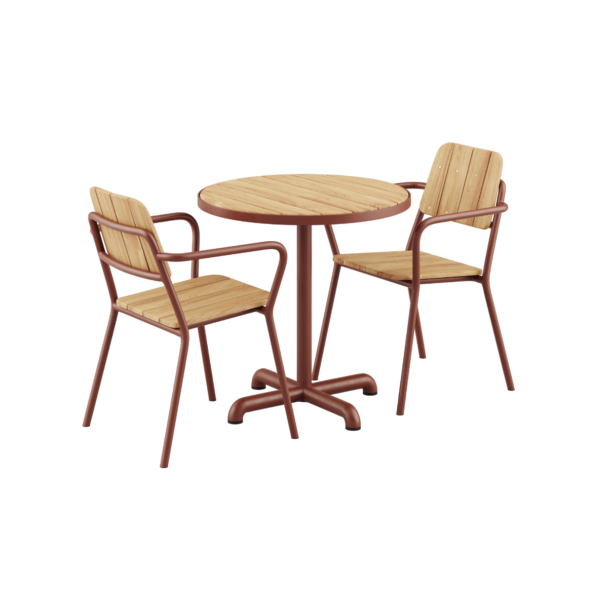 Chestnut Kirra Café Table with two Kirra Patio Chairs in matching chestnut color, outdoor setting.