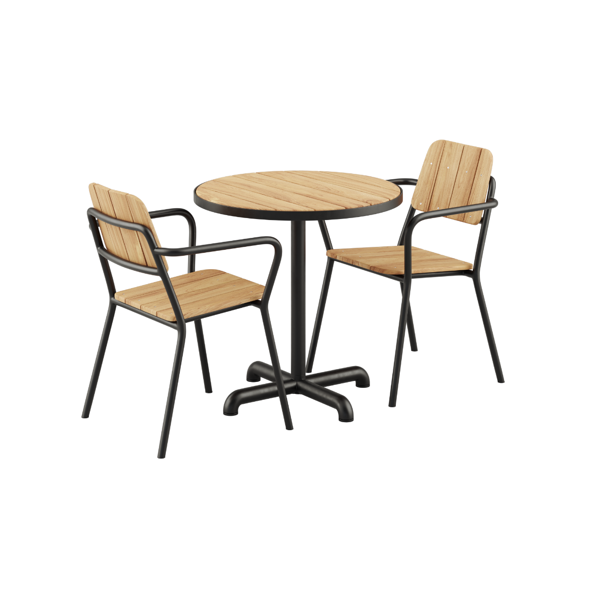 Noir Kirra Café Table with two matching Kirra Patio Chairs made of powder-coated aluminum and teak wood.