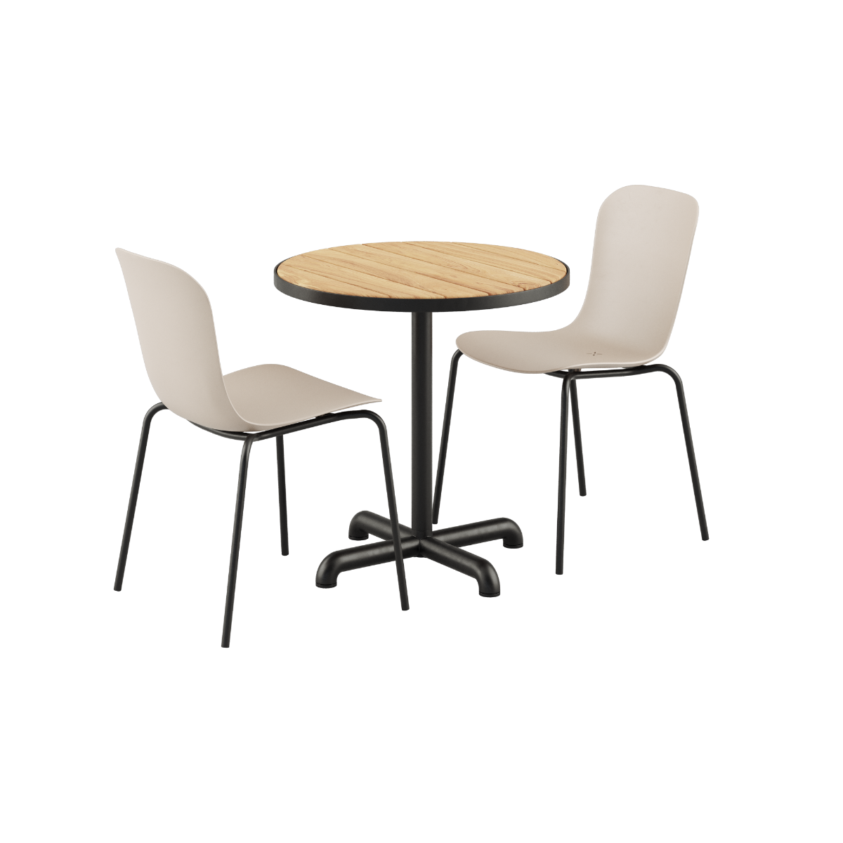 Kirra café table with round teak top and powder-coated aluminum frame paired with two taupe and noir Patio Chair no. One S1 chairs