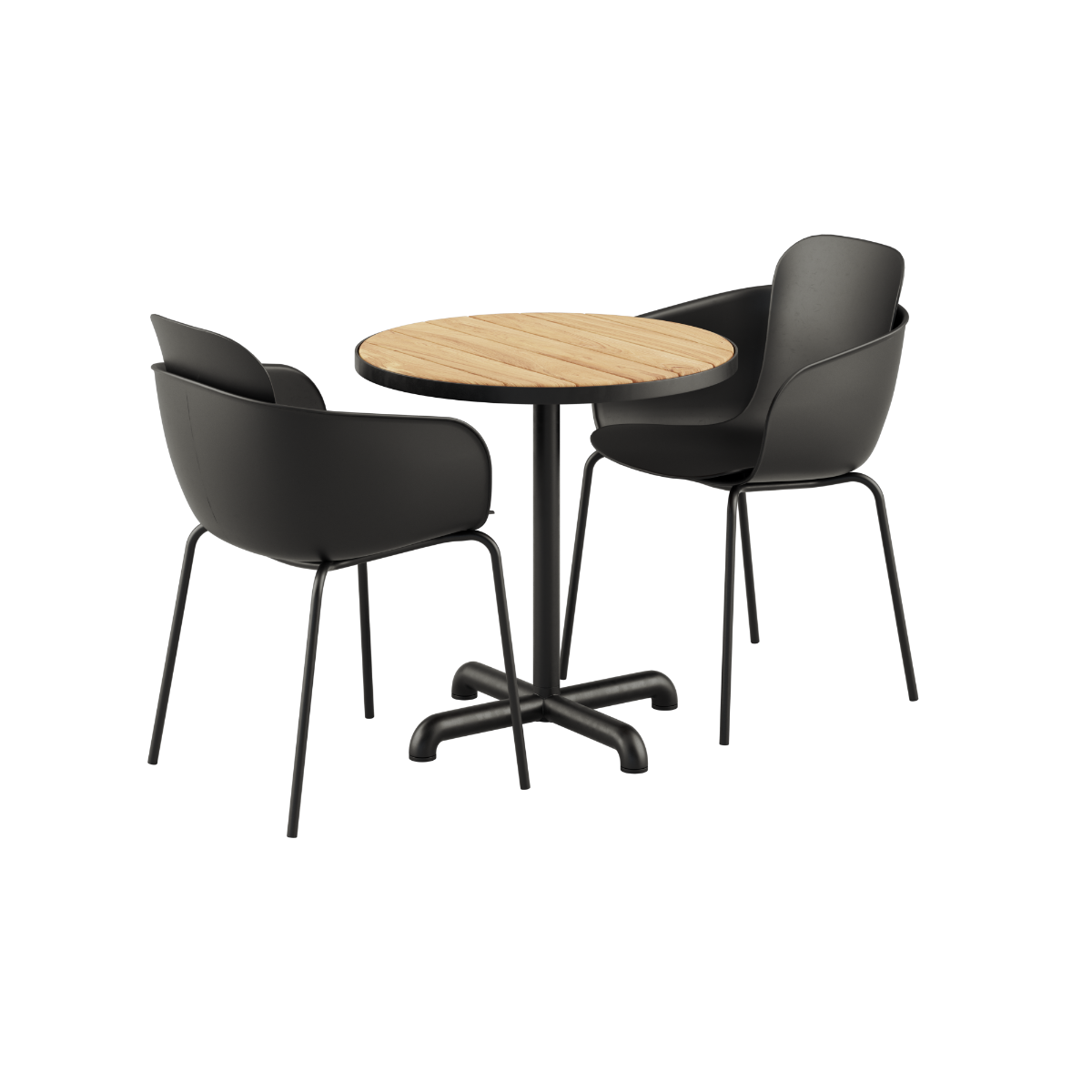 Kirra Café Table with two Noir Patio Chair no. One S2 chairs in a matching black finish
