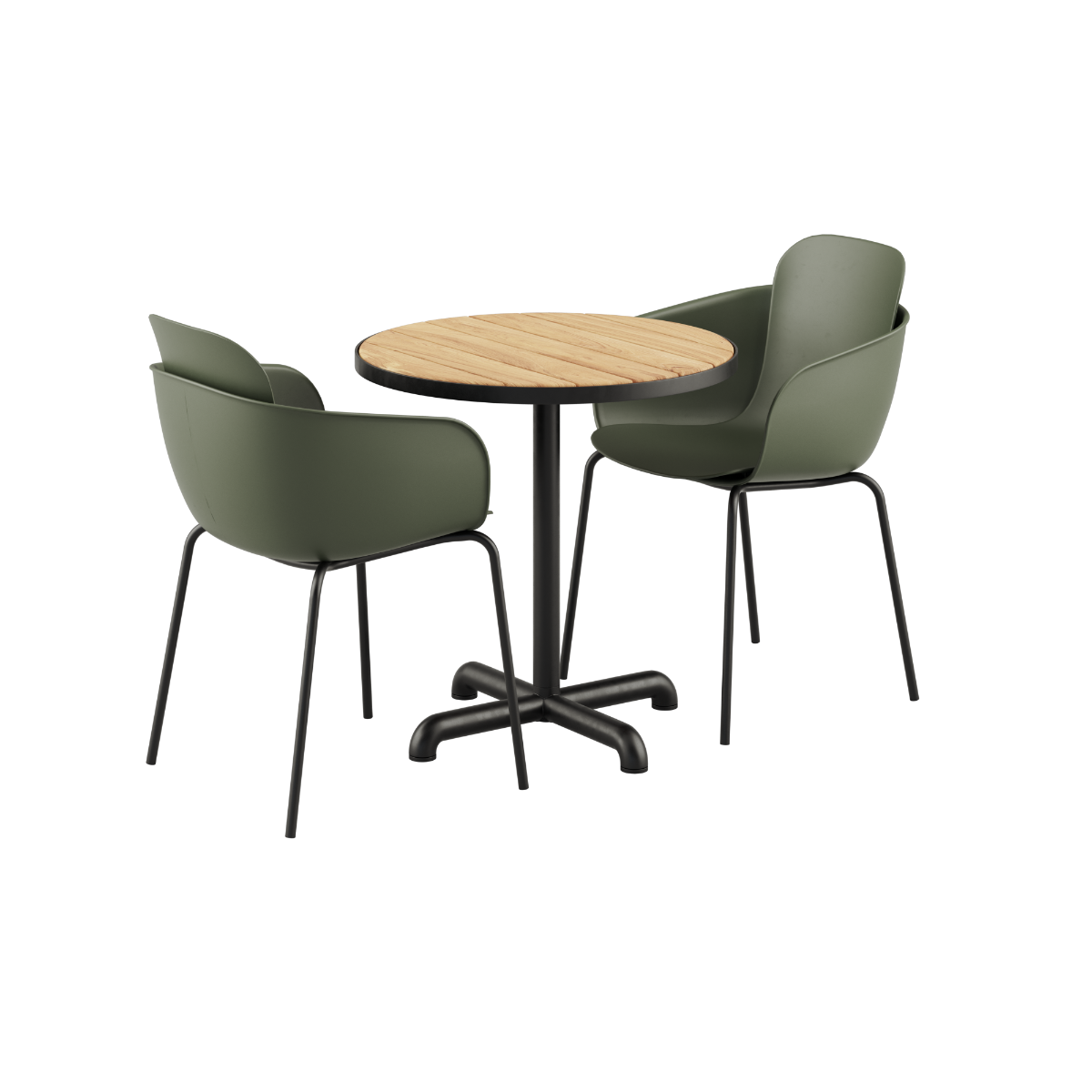 Kirra Café Table with round teak top and powder-coated aluminum frame paired with two olive and noir Patio Chair no. One S2 chairs