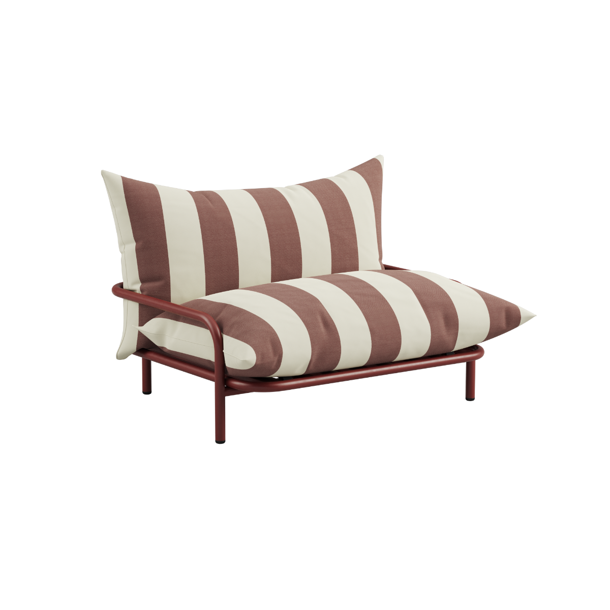 Striped outdoor lounge sofa in brown and cream with a deep seat and slim metal frame from sackit designed in Denmark for relaxed Nordic living