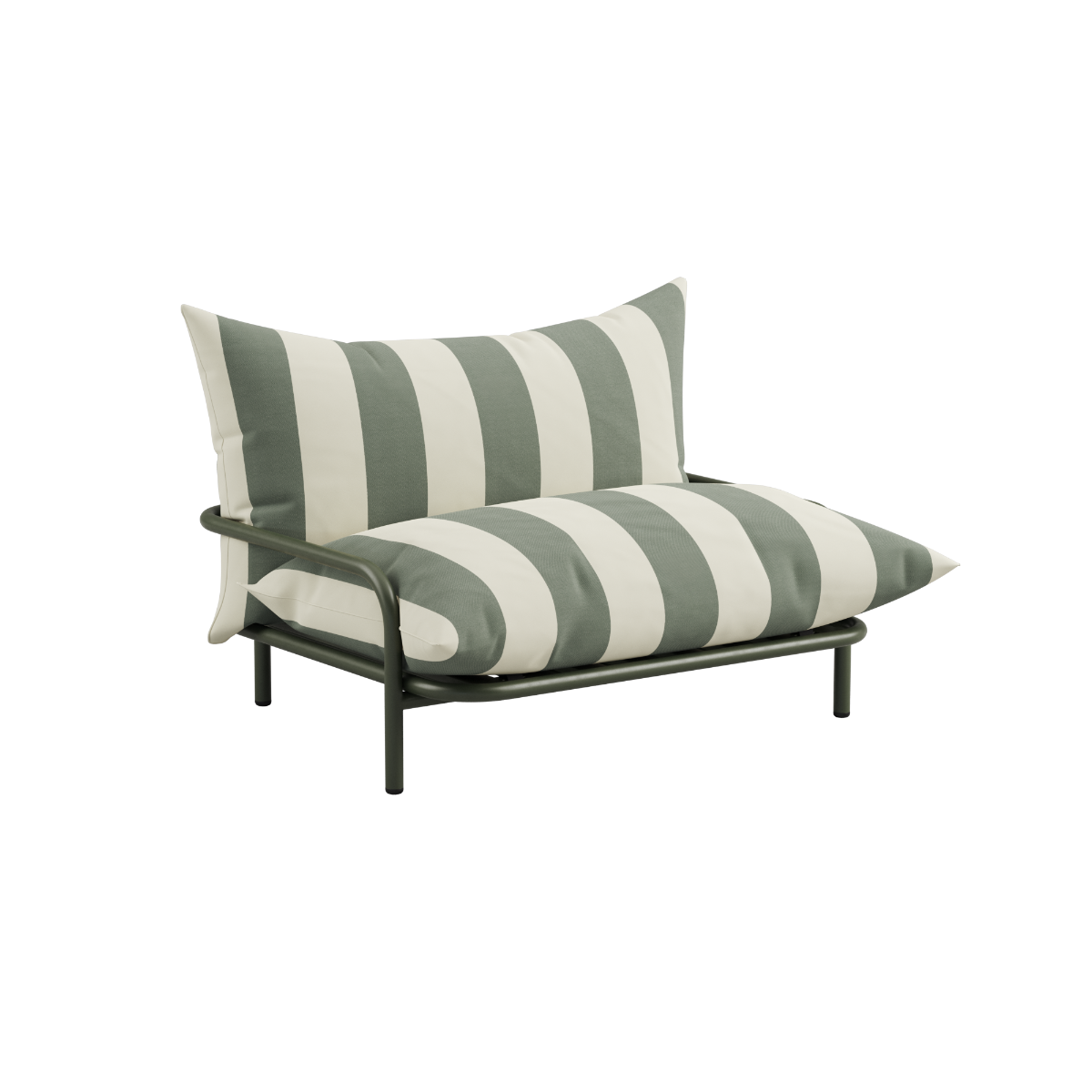 Striped outdoor lounge chair with sage green and cream cushions on a black metal frame by sackit