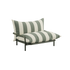 Striped outdoor lounge chair with sage green and cream cushions on a black metal frame by sackit