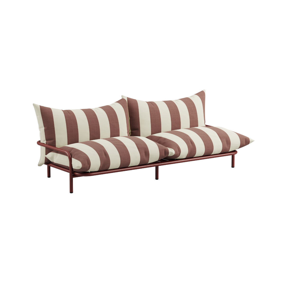 Mollis two seater outdoor lounge sofa by sackit with striped cushions designed in Denmark for weather resistant Nordic living