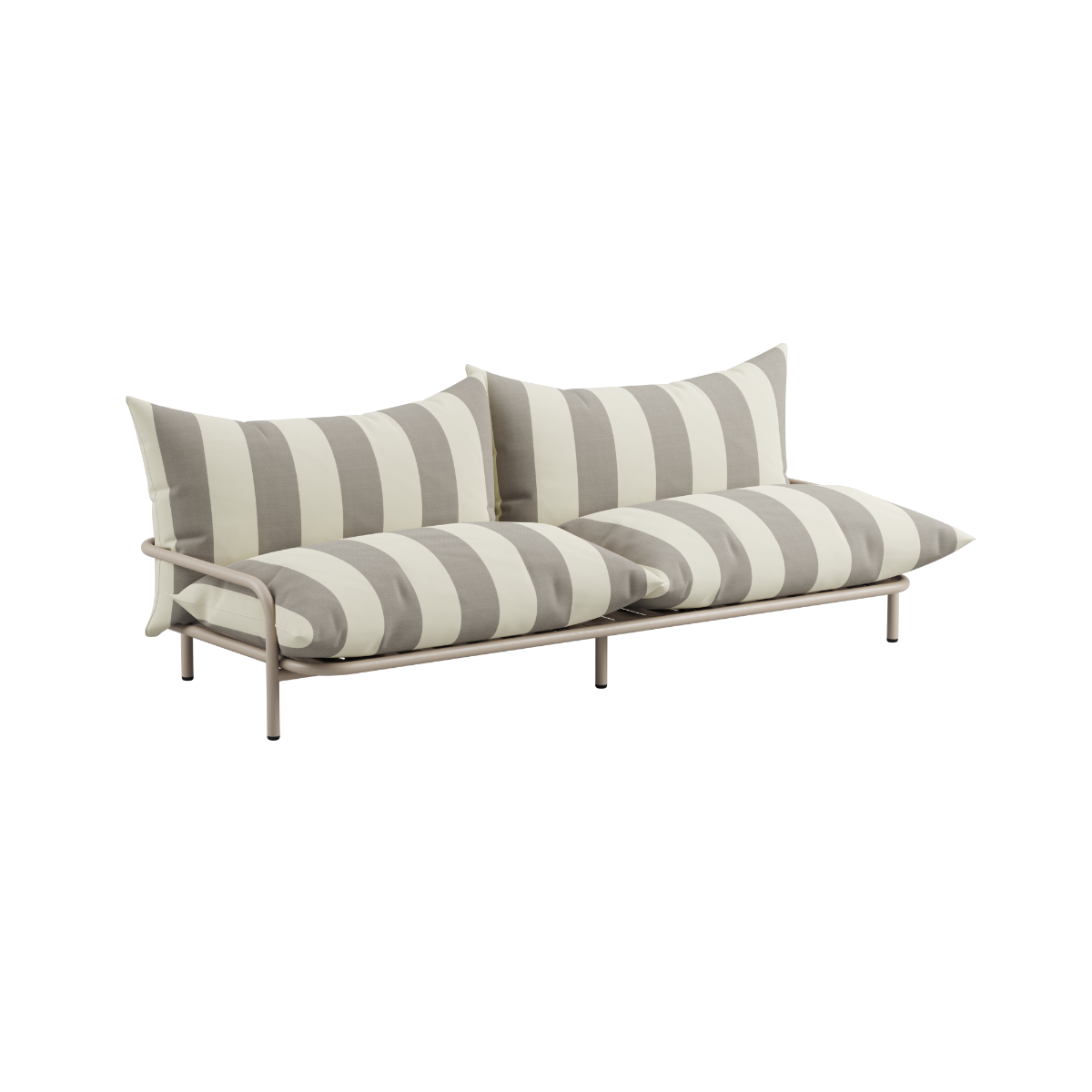 Striped two seater outdoor lounge sofa with cushioned seat and backrest in light neutral tones on a slim metal frame by sackit
