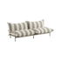 Striped two seater outdoor lounge sofa with cushioned seat and backrest in light neutral tones on a slim metal frame by sackit