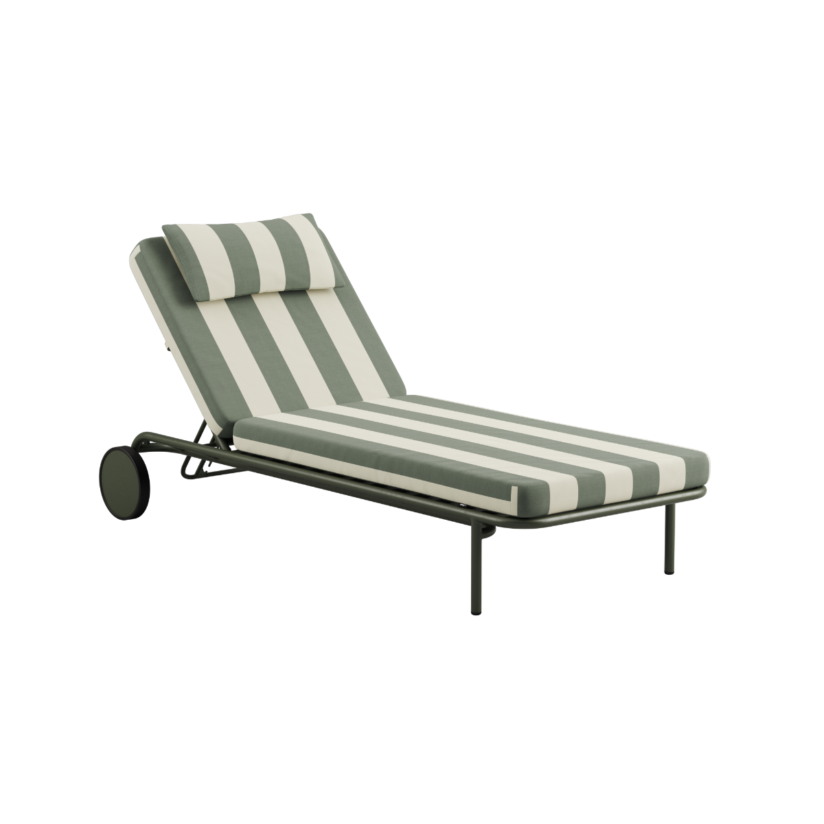 sackit Mollis sunbed with a striped green and cream cushion adjustable backrest and sturdy dark frame for comfortable outdoor lounging