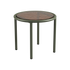 Round olive Mollis Side Table with powder-coated aluminum frame and smoked tempered glass top.